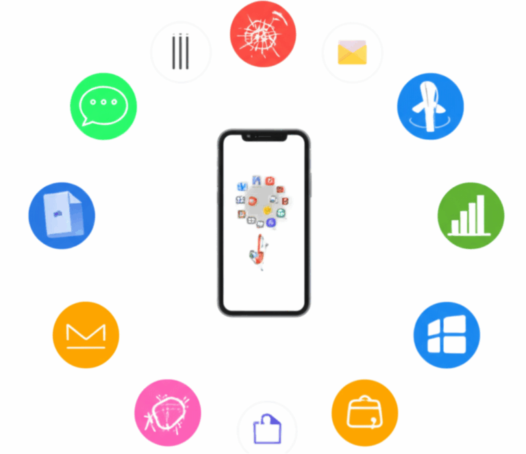 a cellphone with many icons around it