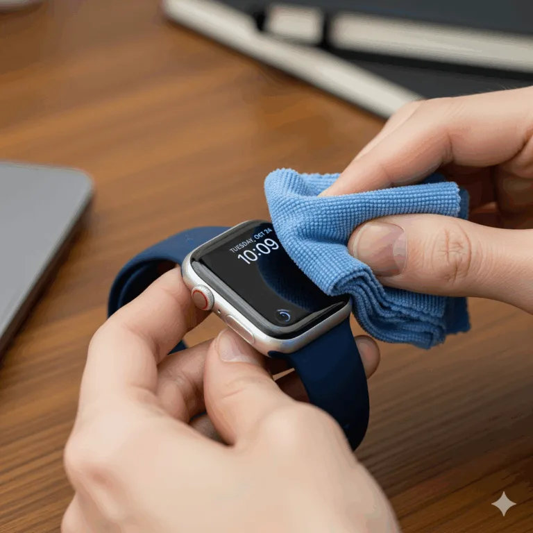 スマートウォッチを拭いている手